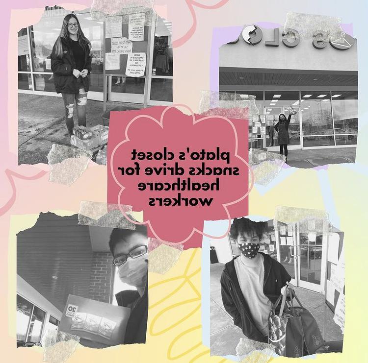 A collage of four students with their bags snacks posed outside of Plato's Closet.